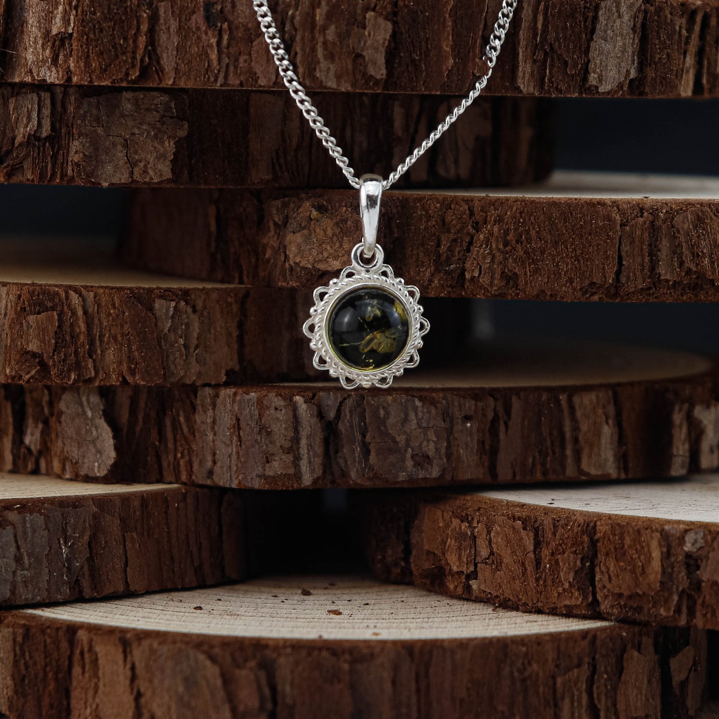 Amber Lace green hänge i 925 Sterling Silver med Bärnsten