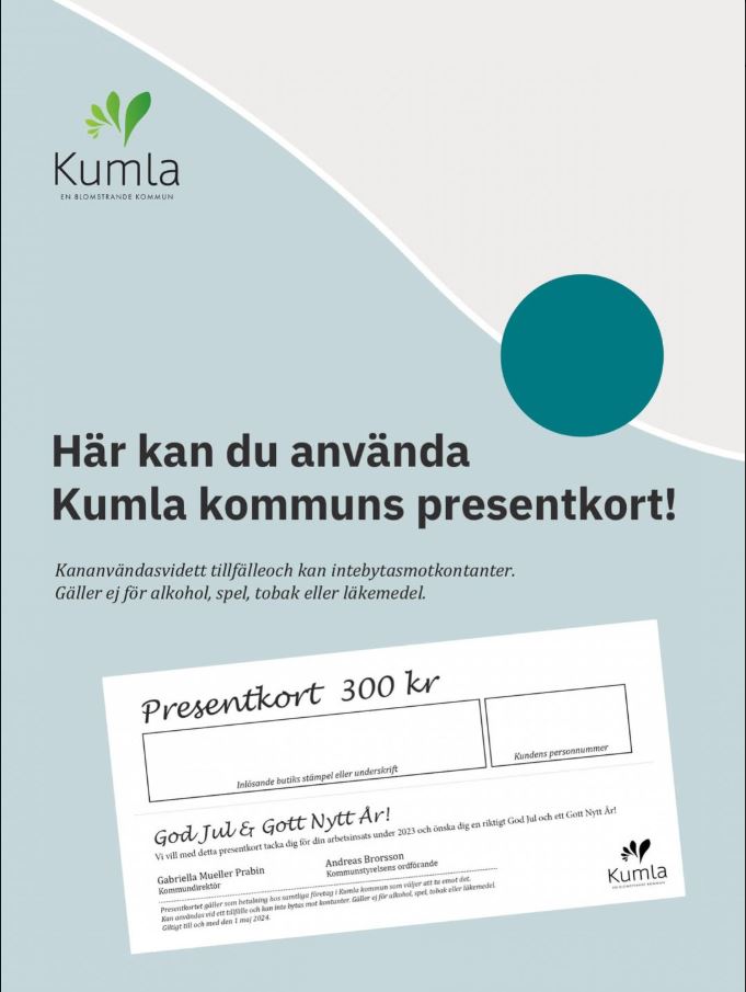 Vi tar nu emot Kumla kommuns presentkort!