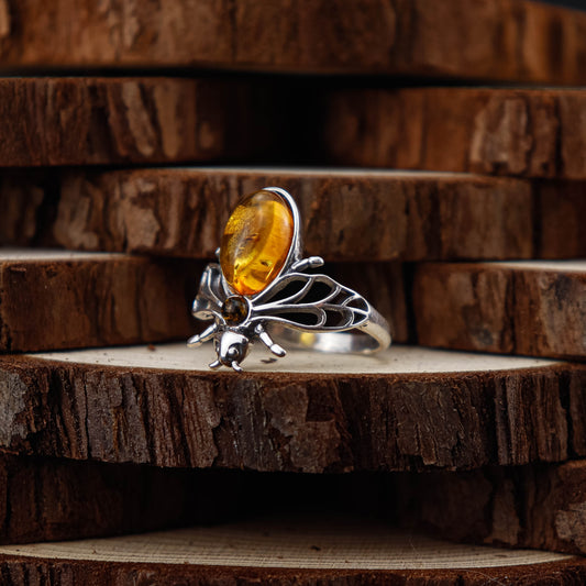 Honey Bee ring i 925 Sterling Silver med Bärnsten