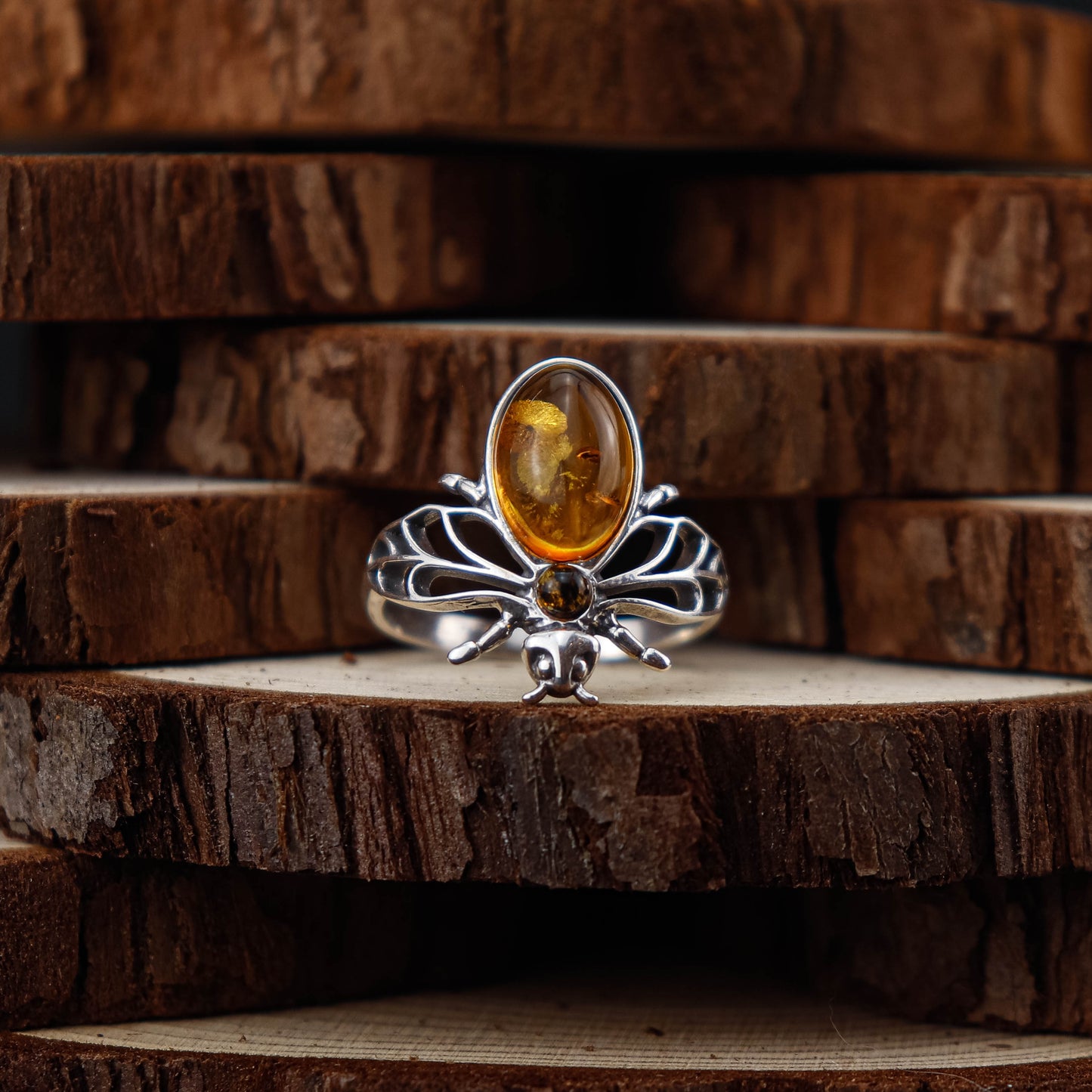 Honey Bee ring i 925 Sterling Silver med Bärnsten