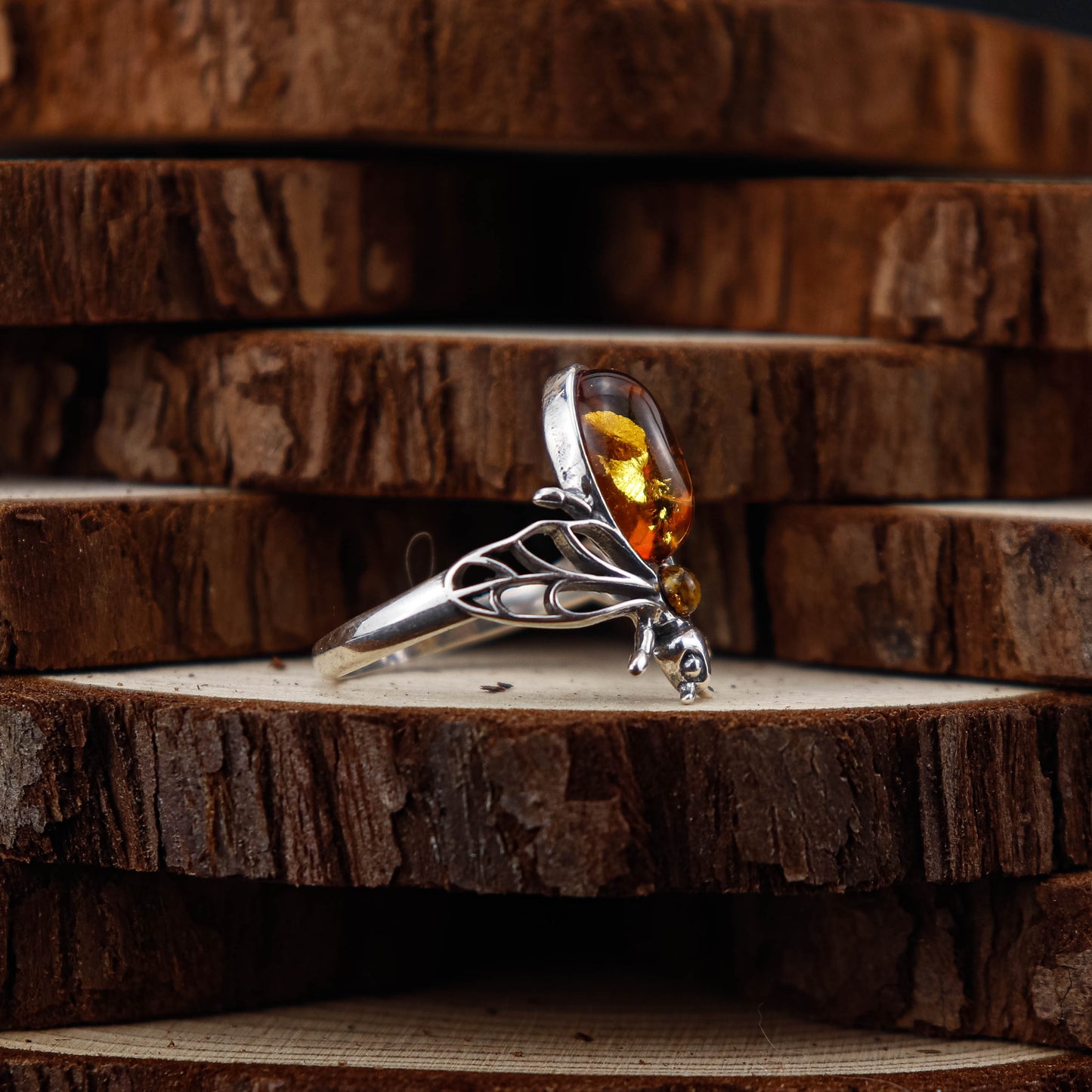 Honey Bee ring i 925 Sterling Silver med Bärnsten