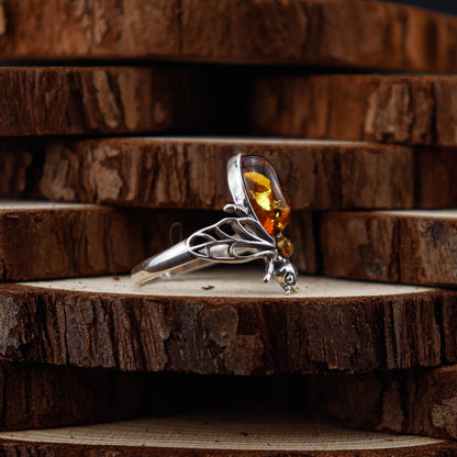 Honey Bee ring i 925 Sterling Silver med Bärnsten