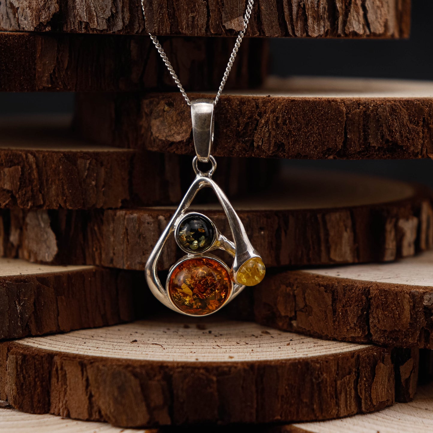 Amber Trio Drop hänge i 925 Sterling Silver med Bärnsten