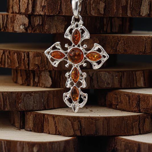 Amber Cross Ornate hänge i 925 Sterling Silver med Bärnsten
