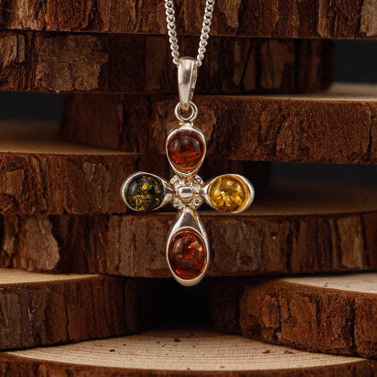 Amber Cross Multitone hänge i 925 Sterling Silver med Bärnsten