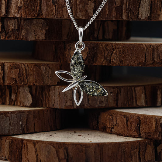 Green Amber Butterfly hänge i 925 Sterling Silver med Bärnsten