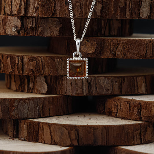 Amber Square Classic hänge i 925 Sterling Silver med Bärnsten