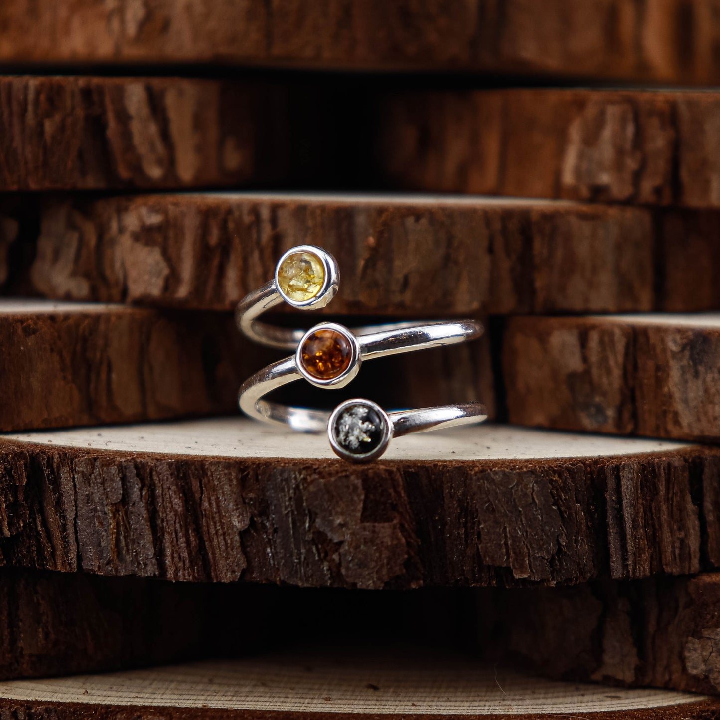 Amber Trio Spiral ring i 925 Sterling Silver med Bärnsten