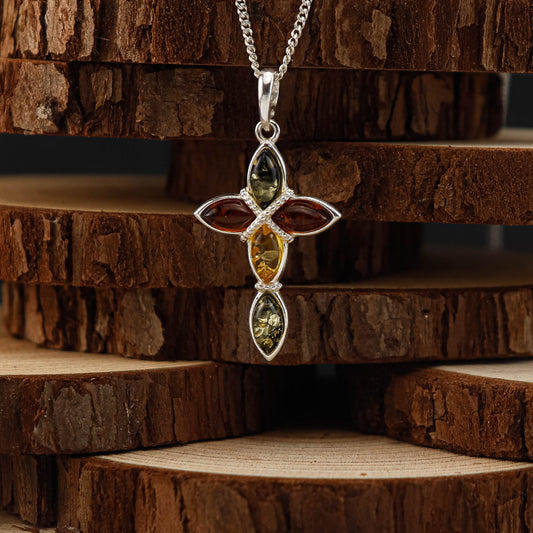 Amber Harmony Cross hänge i 925 Sterling Silver med Bärnsten
