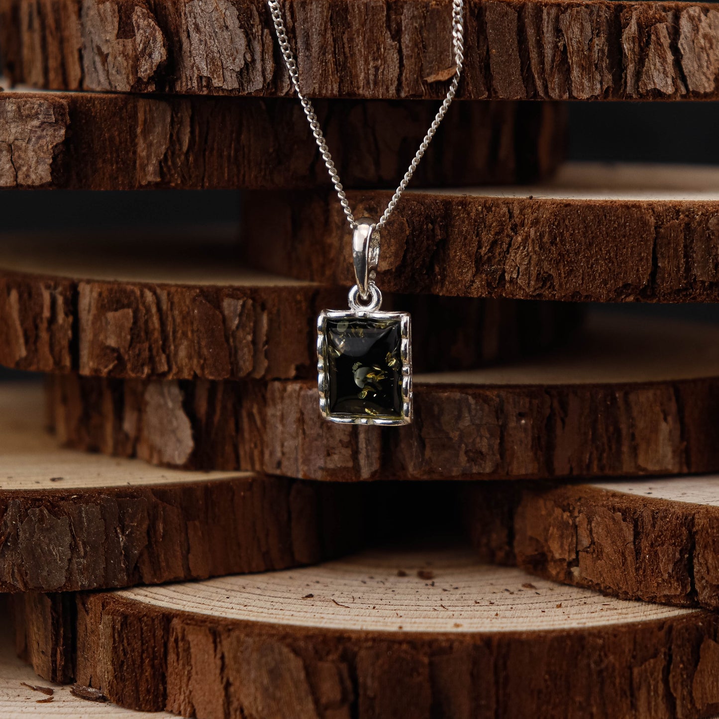 Amber Square Green i 925 Sterling Silver med Bärnsten