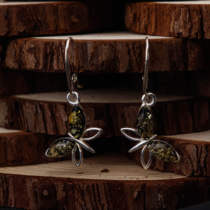 Forest Dragonfly Örhängen i 925 Sterling Silver med Bärnsten