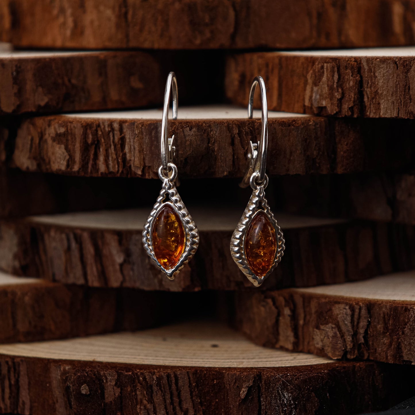 Amber Vintage Drop Örhängen i 925 Sterling Silver med Bärnsten