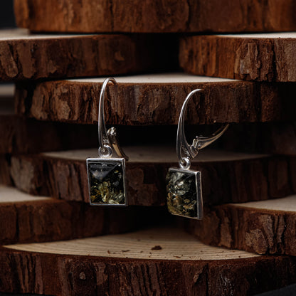 Green Amber Square örhängen i 925 Sterling Silver med Bärnsten
