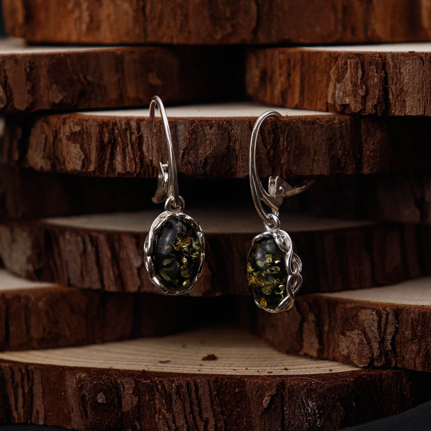 Amber Vintage Green örhängen i 925 Sterling Silver med Bärnsten