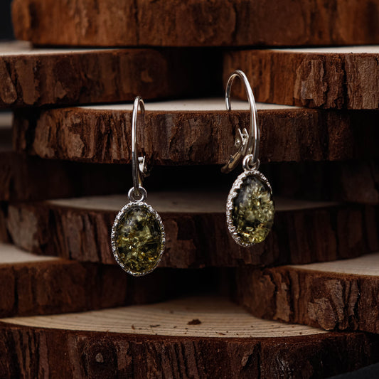 Amber Classic Green Oval örhängen i 925 Sterling Silver med Bärnsten
