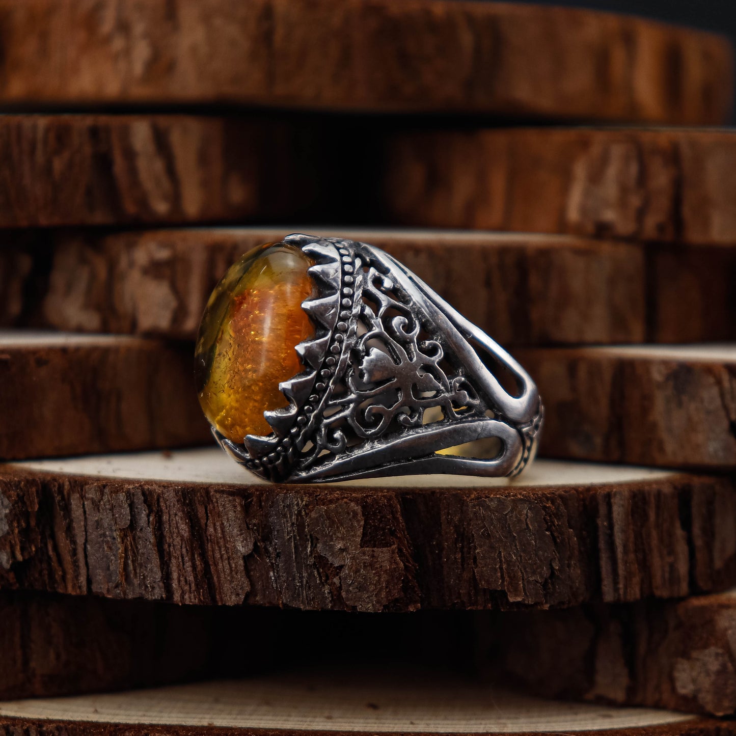 Amber Vintage Crown Ring i 925 Sterling Silver med Bärnsten