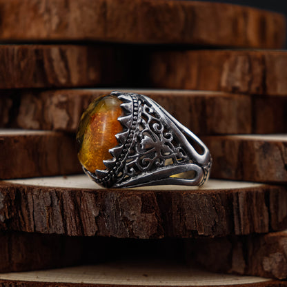 Amber Vintage Crown Ring i 925 Sterling Silver med Bärnsten