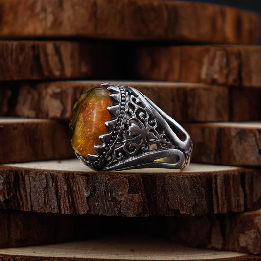 Amber Vintage Crown Ring i 925 Sterling Silver med Bärnsten