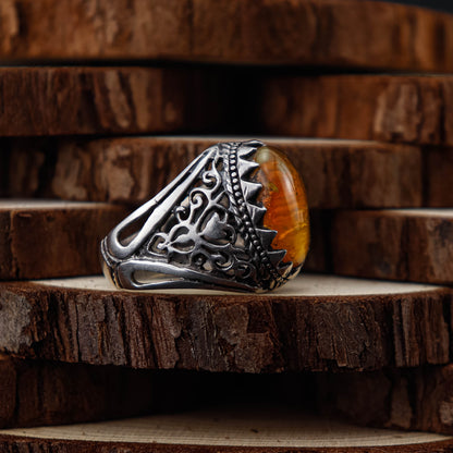 Amber Vintage Crown Ring i 925 Sterling Silver med Bärnsten