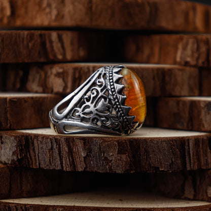 Amber Vintage Crown Ring i 925 Sterling Silver med Bärnsten